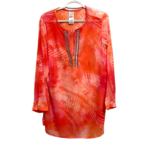 Chicos Sheer Tunic Top Coral‎ Pink Shirt Cover Up Beaded V Neck Long Sleeve 12 - Picture 1 of 10